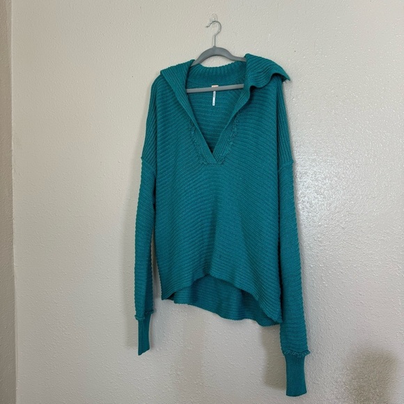 Free People Marlie Knit Collared Pullover in Teal - Picture 6 of 7